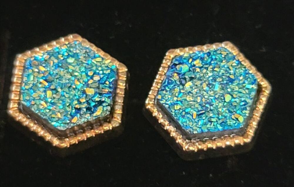 Blue Green Druzy Earrings Post Back Gold Framed Hexagon NEW